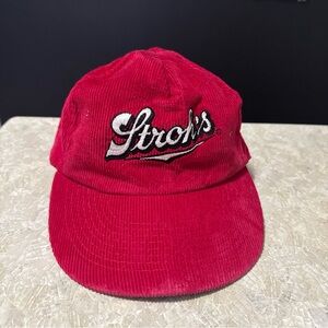 Vintage 1980s Strohs Hat Cap Strap Back Corduroy Red Logo Beer Brewing Dad 90s